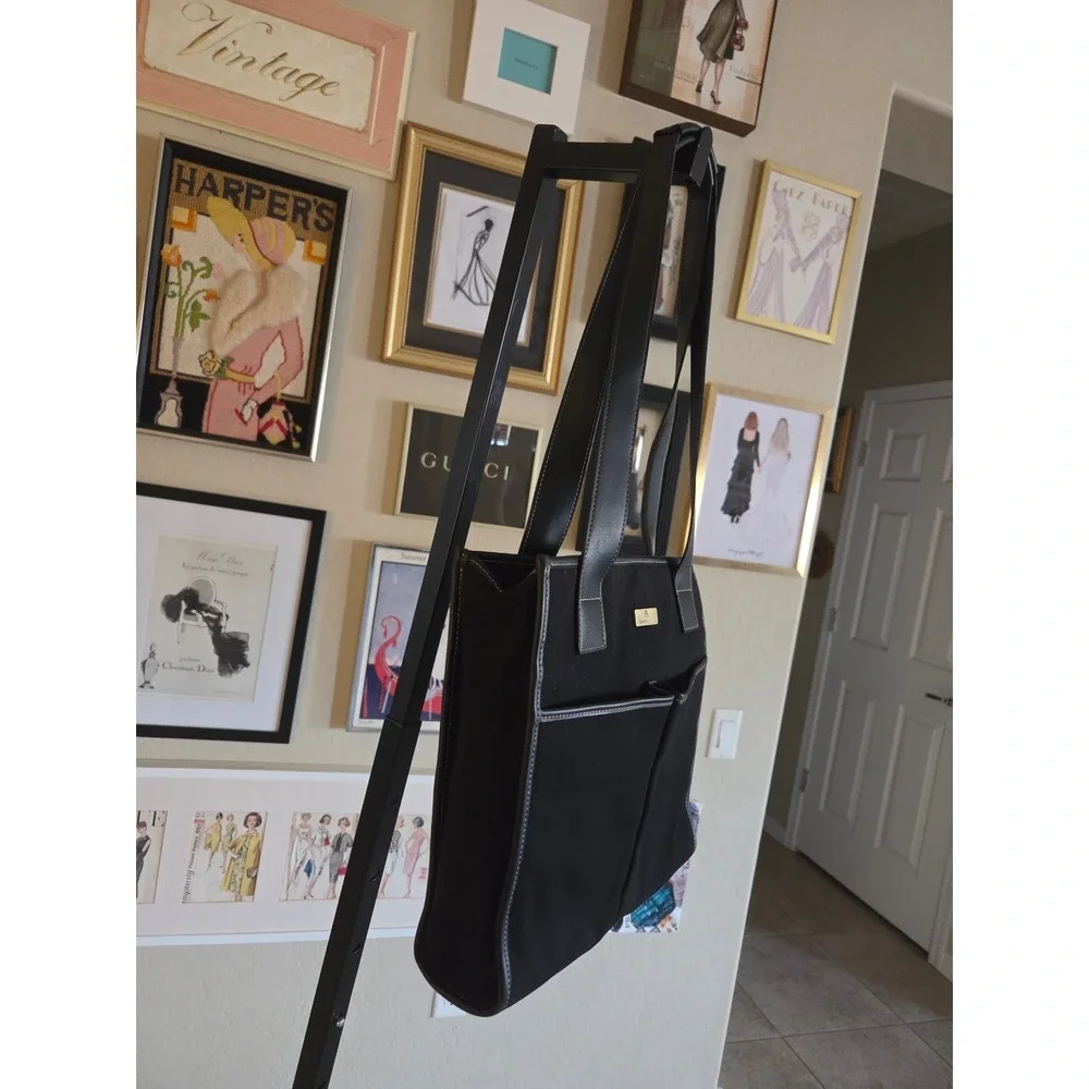 Etienne Aigner Y2K Black Canvas Tote Bag Leather Trim Contrast Stitch Shoulder